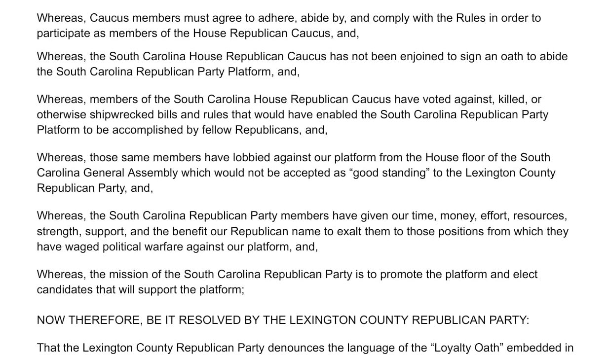 Lexington County GOP Censured Leadership of SC House Republican Caucus